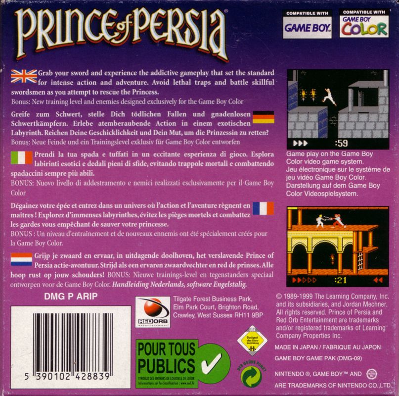 Back Cover for Prince of Persia (Game Boy Color)