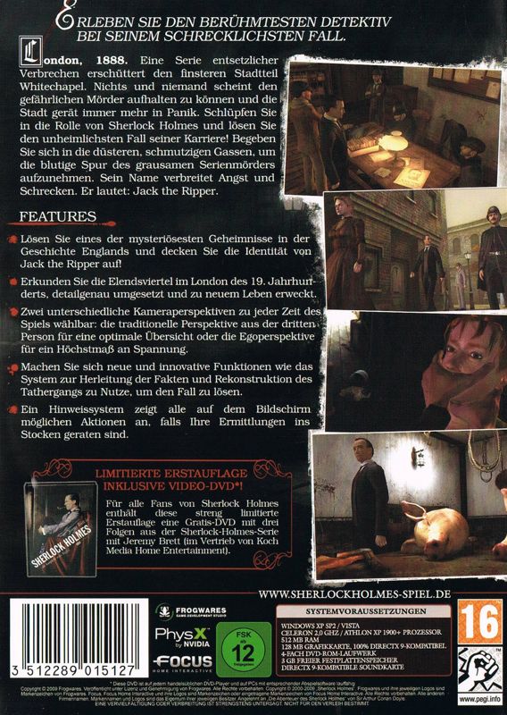 Back Cover for Sherlock Holmes vs. Jack the Ripper (Windows) (Limited first release with movie DVD)