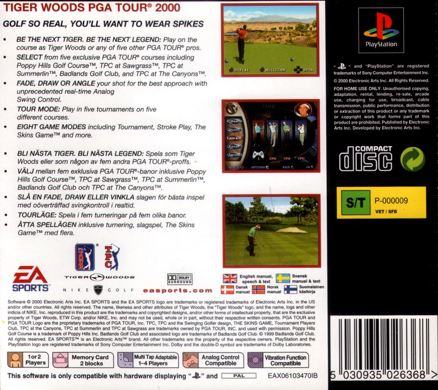 Back Cover for Tiger Woods PGA Tour 2000 (PlayStation) (EA Classics release)