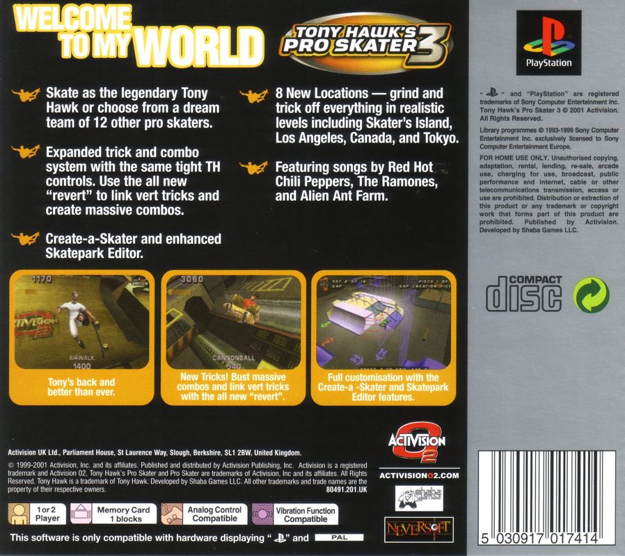 Back Cover for Tony Hawk's Pro Skater 3 (PlayStation) (Platinum release)