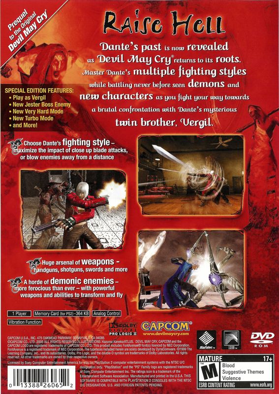 Back Cover for Devil May Cry 3: Dante's Awakening - Special Edition (PlayStation 2) (Greatest Hits release)
