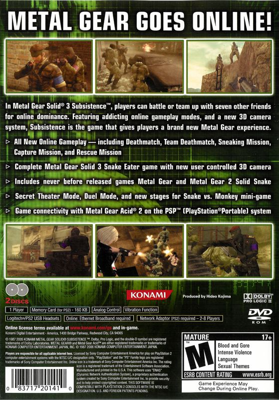 Back Cover for Metal Gear Solid 3: Subsistence (PlayStation 2)