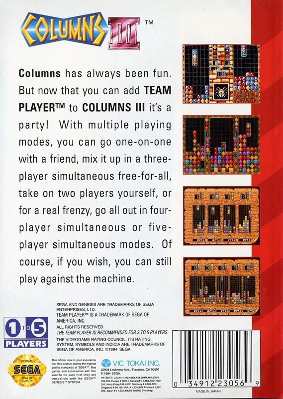 Back Cover for Columns III: Revenge of Columns (Genesis)