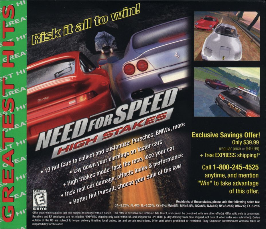 Inside Cover for Need for Speed III: Hot Pursuit (PlayStation) (Greatest Hits release)