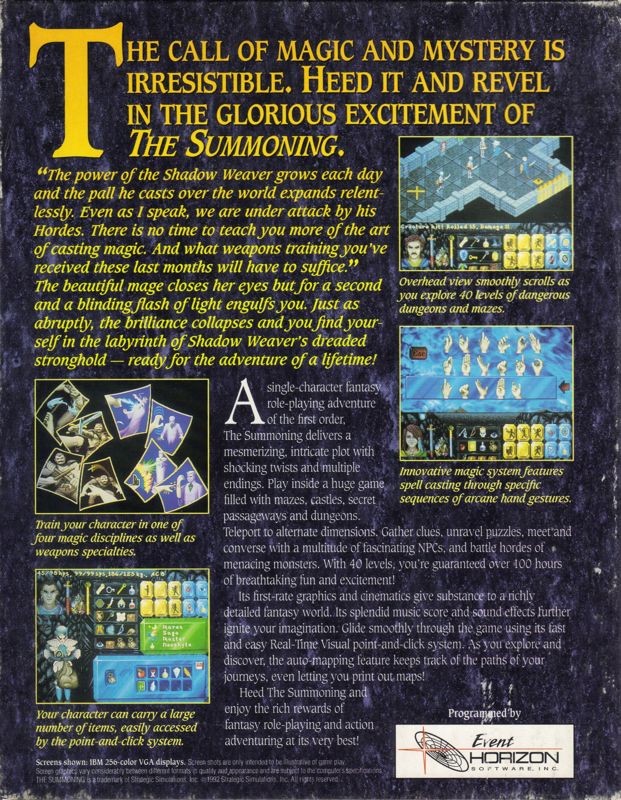 Back Cover for The Summoning (DOS) (5.25" Release)