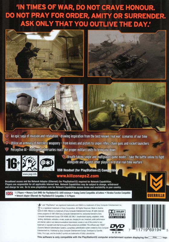 Back Cover for Killzone (PlayStation 2)