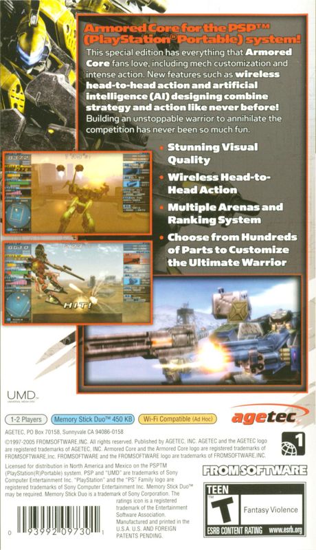 Back Cover for Armored Core: Formula Front - Extreme Battle (PSP)