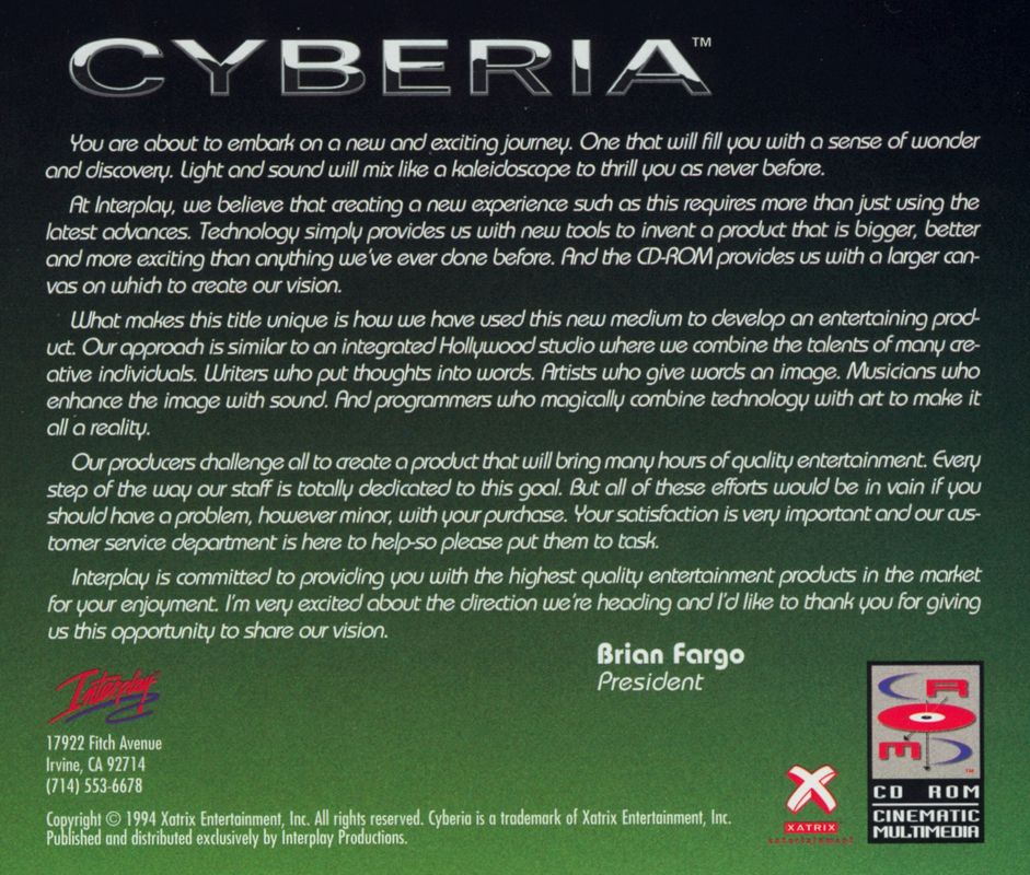 Other for Cyberia (DOS): Jewel Case - Back