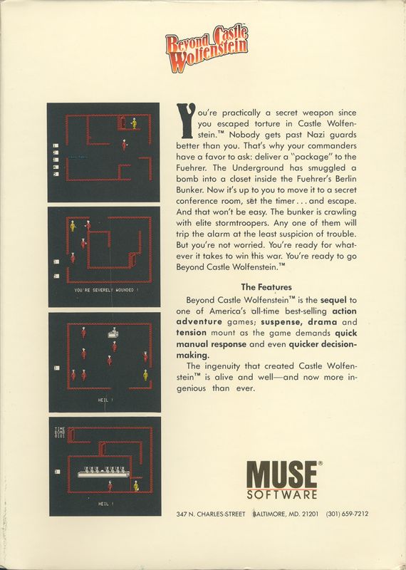 Back Cover for Beyond Castle Wolfenstein (Apple II and Atari 8-bit and Commodore 64 and PC Booter)