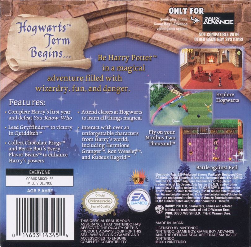 Back Cover for Harry Potter and the Sorcerer's Stone (Game Boy Advance)
