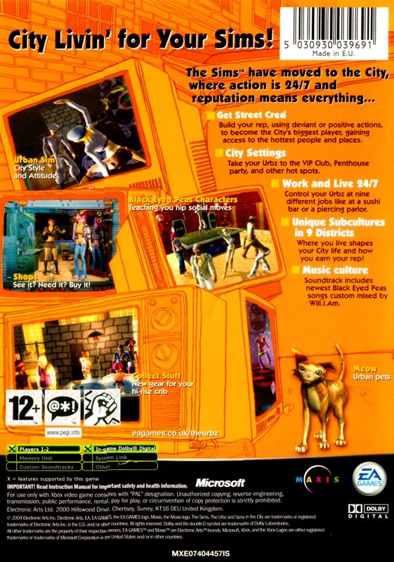 Back Cover for The Urbz: Sims in the City (Xbox)