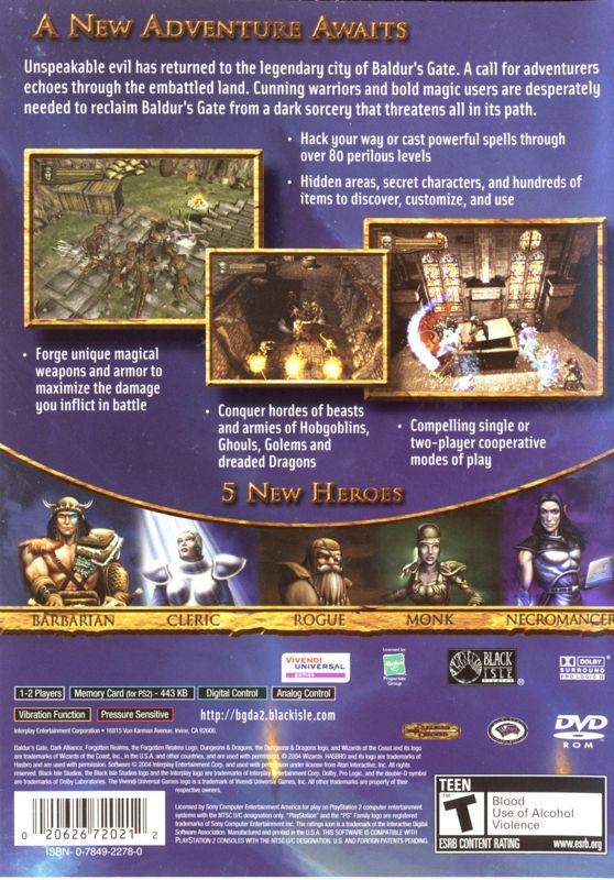 Back Cover for Baldur's Gate: Dark Alliance II (PlayStation 2)