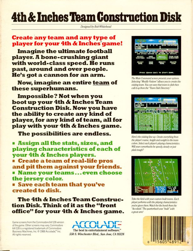 Back Cover for 4th & Inches Team Construction Disk (Amiga)