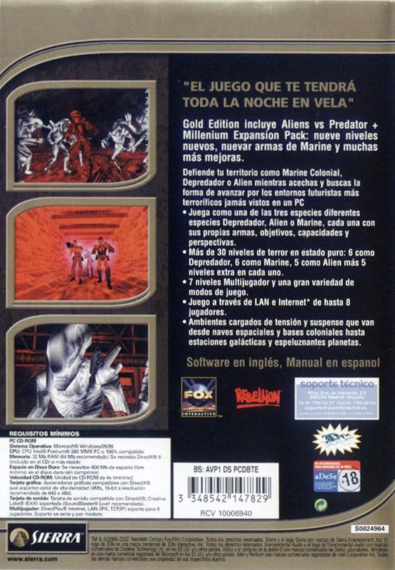 Back Cover for Aliens Versus Predator: Gold Edition (Windows) (BestSeller Series release)