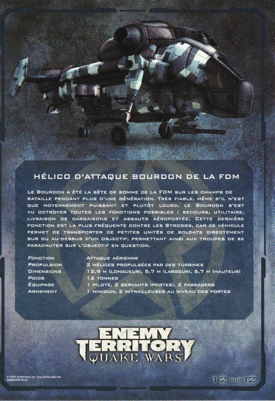 Extras for Enemy Territory: Quake Wars (Limited Collector's Edition) (Windows): Card #12 Back - Hélico d'Attaque Bourdon de la FDM