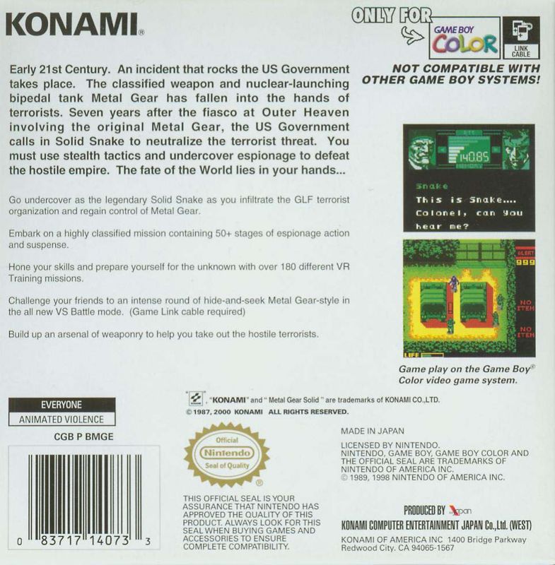 Back Cover for Metal Gear Solid (Game Boy Color)