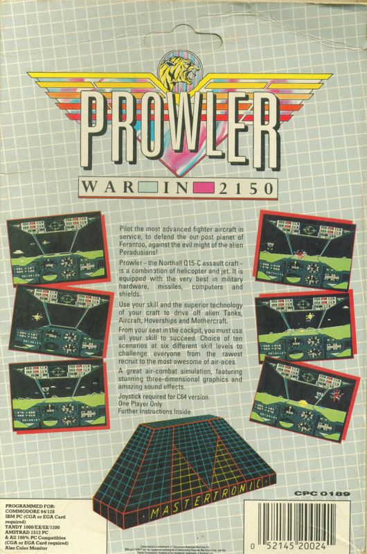 Back Cover for Prowler (Commodore 64 and PC Booter) (PC and C64 in same box (flippy disk))