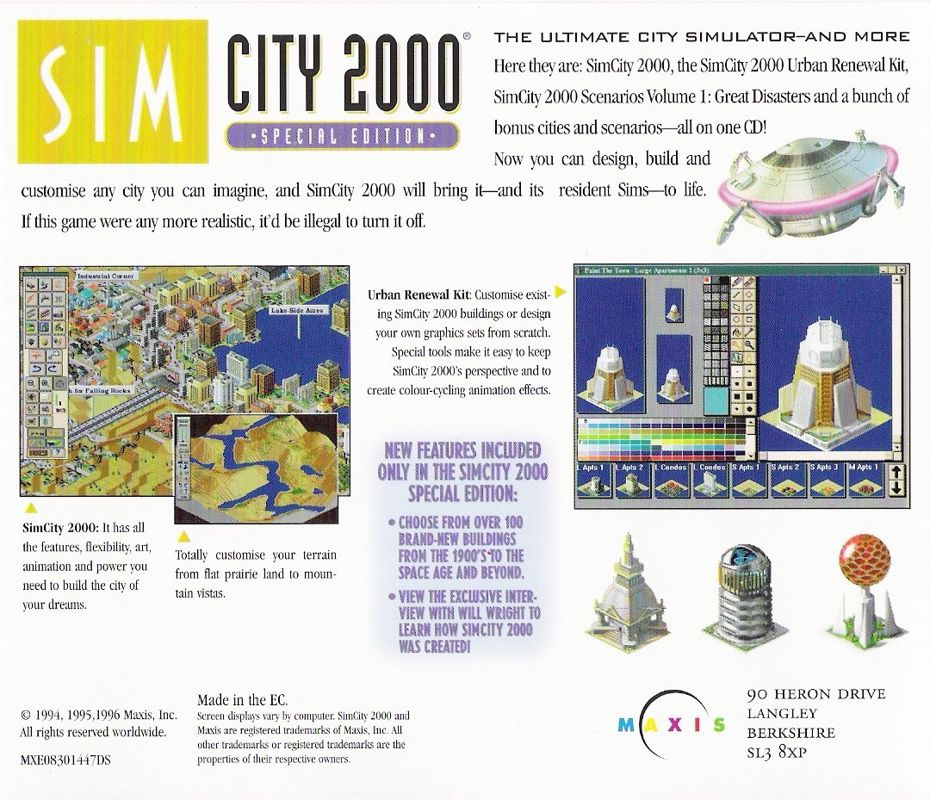 Back Cover for SimCity 2000: CD Collection (DOS and Macintosh and Windows and Windows 3.x): Jewel Case