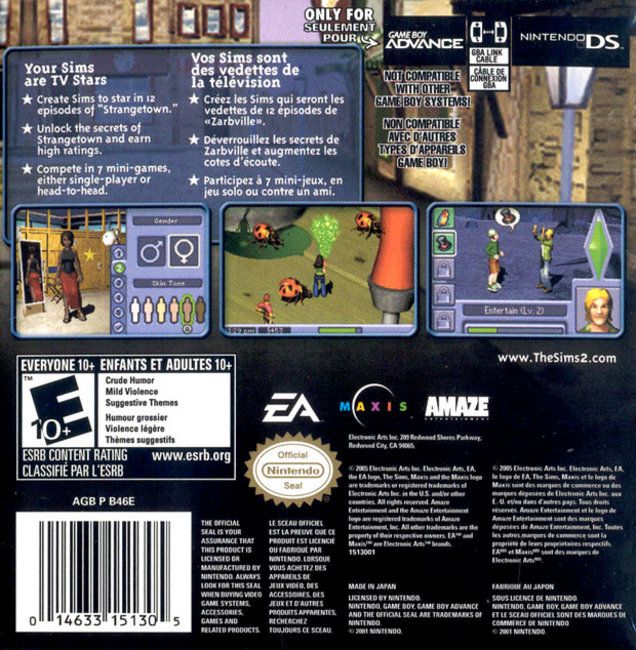 Back Cover for The Sims 2 (Game Boy Advance)
