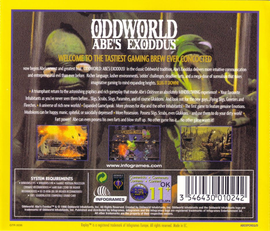 Back Cover for Oddworld: Abe's Exoddus (Windows) (GT Replay release)