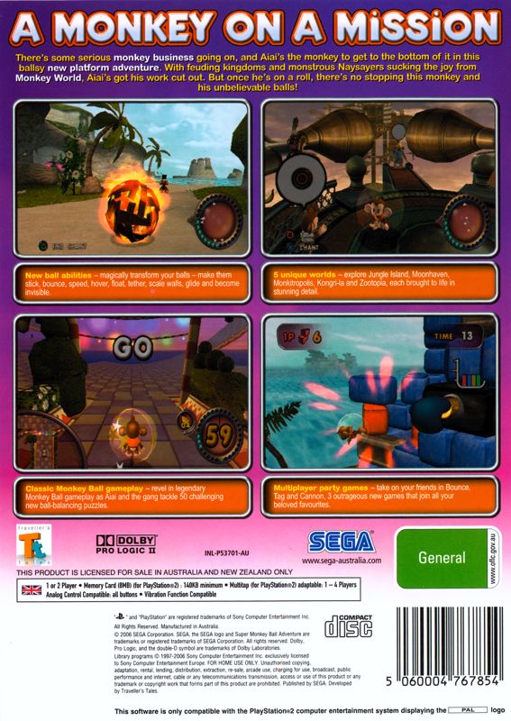 Back Cover for Super Monkey Ball Adventure (PlayStation 2)