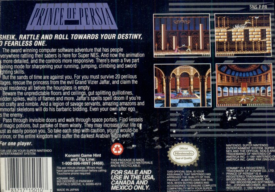 Back Cover for Prince of Persia (SNES)