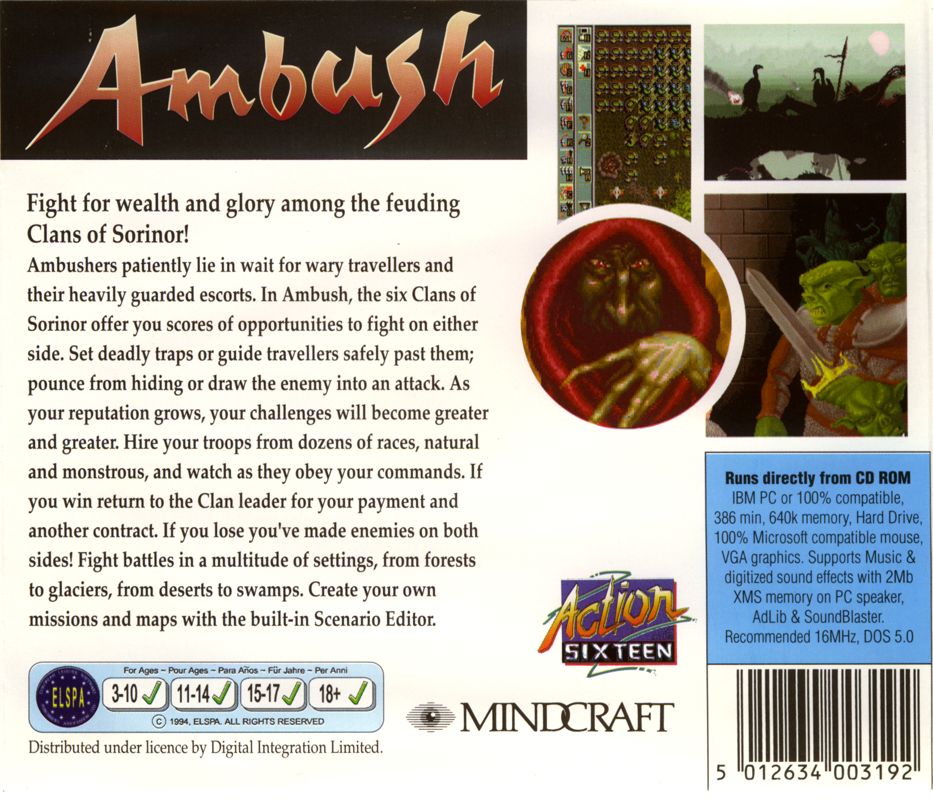 Back Cover for Ambush at Sorinor (DOS) (Action Sixteen release)