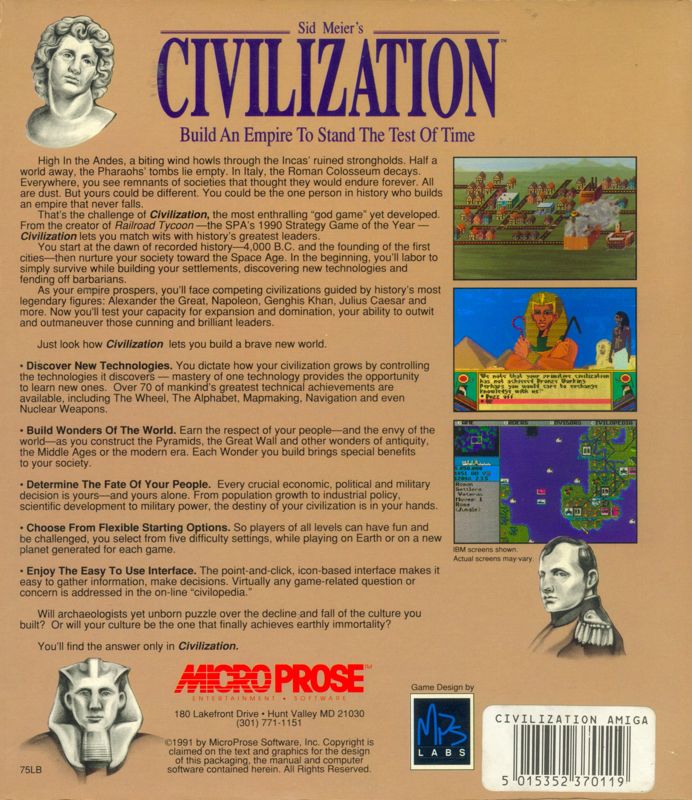 Back Cover for Sid Meier's Civilization (Amiga) (Standard Microprose label)