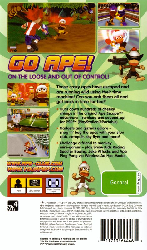 Back Cover for Ape Escape: On the Loose (PSP)