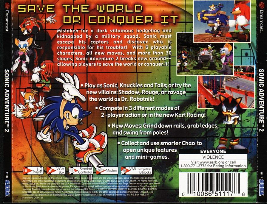 Back Cover for Sonic Adventure 2 (Dreamcast)