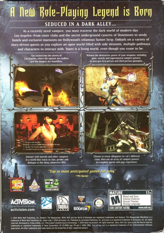 Back Cover for Vampire: The Masquerade - Bloodlines (Windows) (Exclusive to Best Buy)