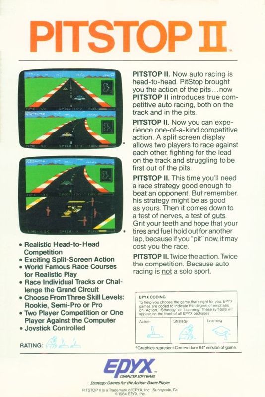 Back Cover for Pitstop II (Atari 8-bit and Commodore 64)