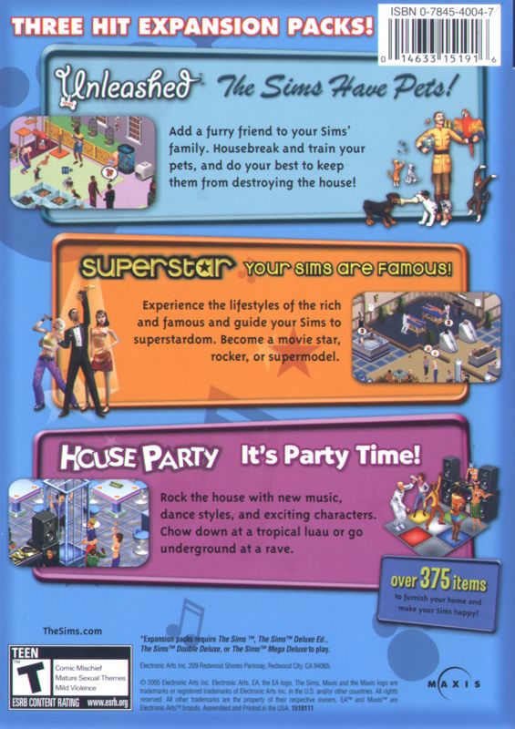 Back Cover for The Sims: Expansion Three-Pack - Volume 1 (Windows)