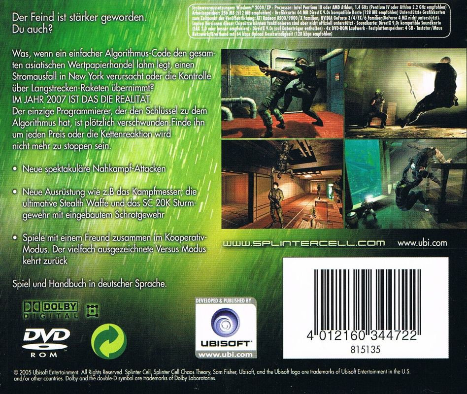 Back Cover for Tom Clancy's Splinter Cell: Chaos Theory (Windows) (Software Pyramide release)