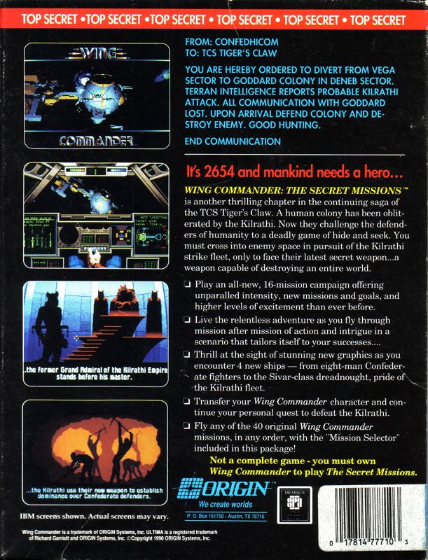 Back Cover for Wing Commander: The Secret Missions (DOS)