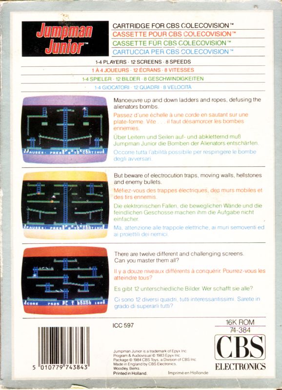 Back Cover for Jumpman Junior (ColecoVision)
