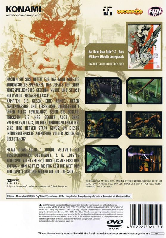 Back Cover for Metal Gear Solid 2: Sons of Liberty (PlayStation 2)