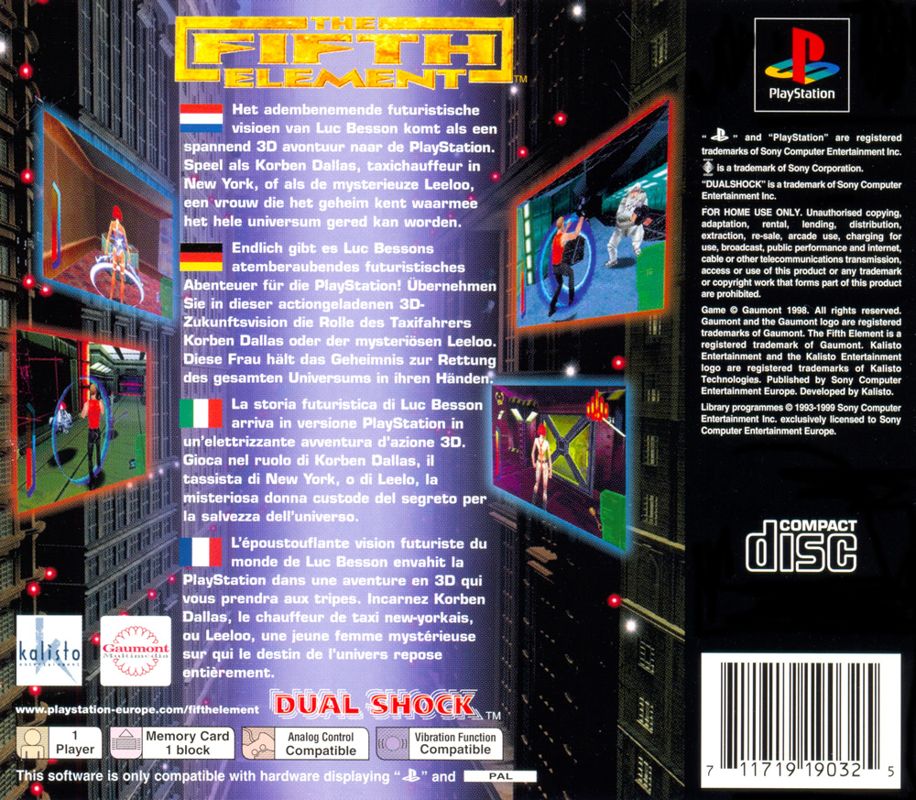 Back Cover for The Fifth Element (PlayStation) (Value Series)
