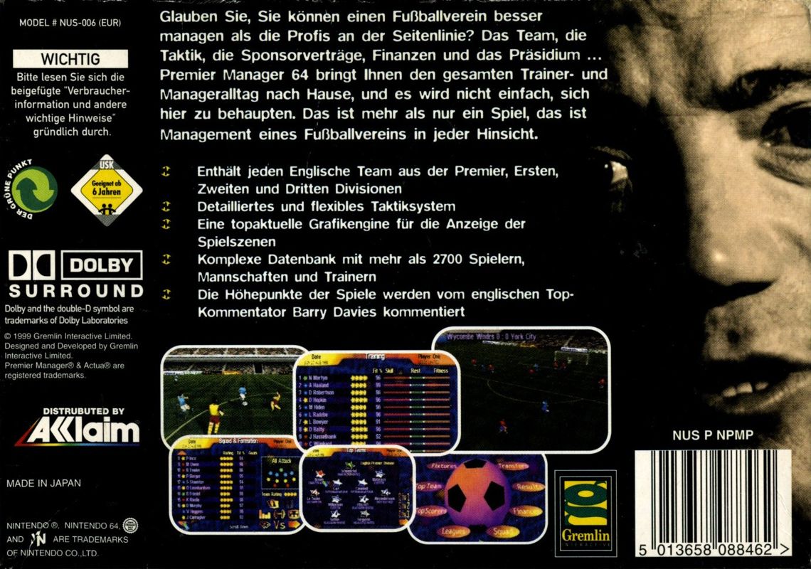 Back Cover for Premier Manager Ninety Nine (Nintendo 64)