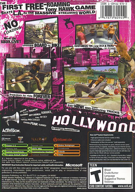 Back Cover for Tony Hawk's American Wasteland (Xbox)