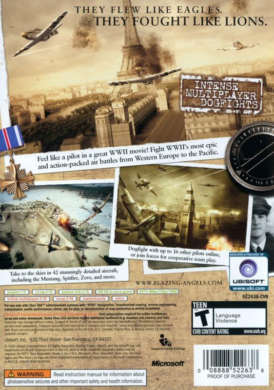 Back Cover for Blazing Angels: Squadrons of WWII (Xbox 360)