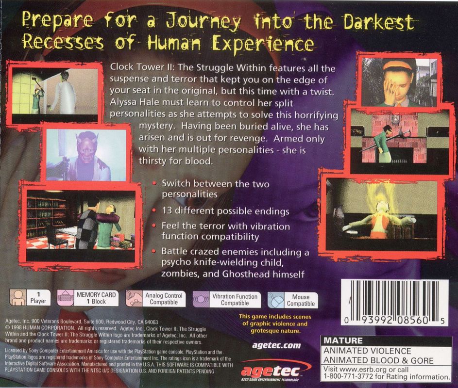 Back Cover for Clock Tower II: The Struggle Within (PlayStation)