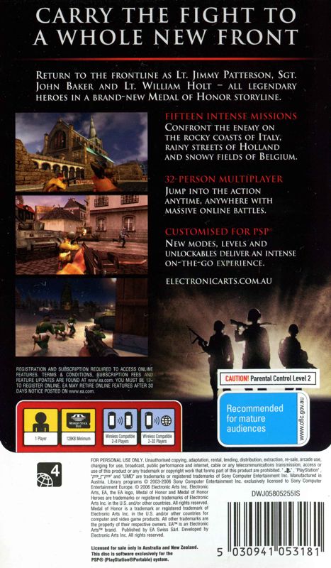 Back Cover for Medal of Honor: Heroes (PSP)