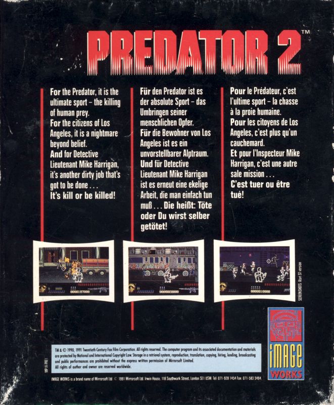 Back Cover for Predator 2 (Amiga)