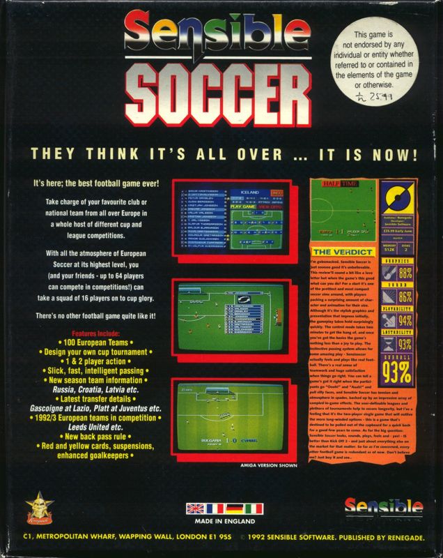 Back Cover for Sensible Soccer: European Champions - 92/93 Edition (Amiga)