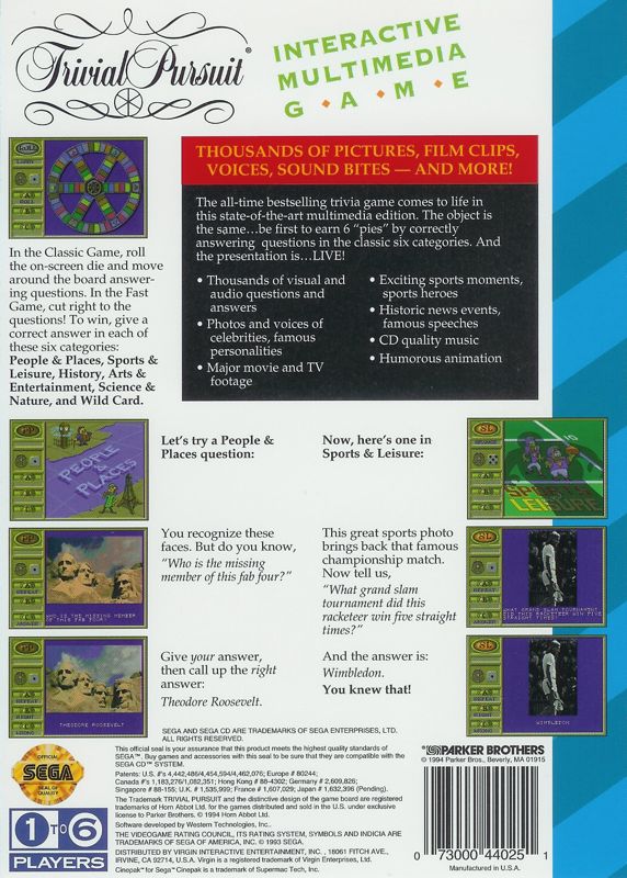 Back Cover for Trivial Pursuit Interactive Multimedia Game (SEGA CD)