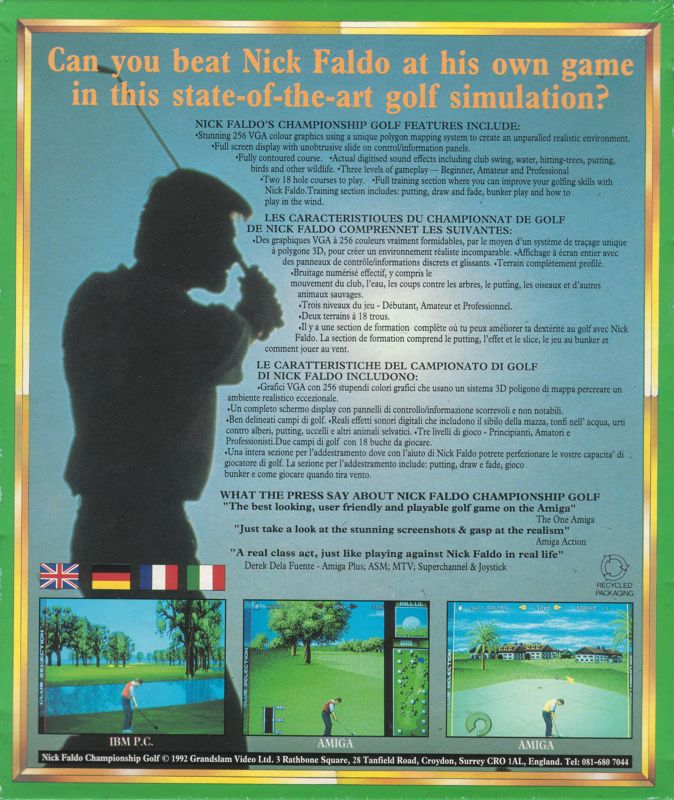 Back Cover for Nick Faldo's Championship Golf (Amiga)