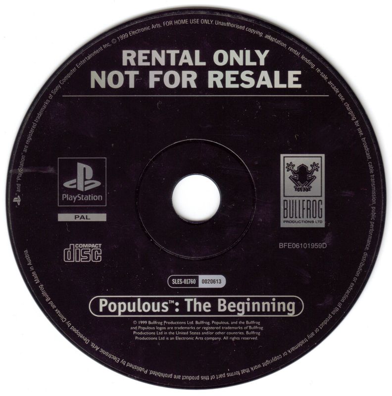 Media for Populous: The Beginning (PlayStation) (Rental version)