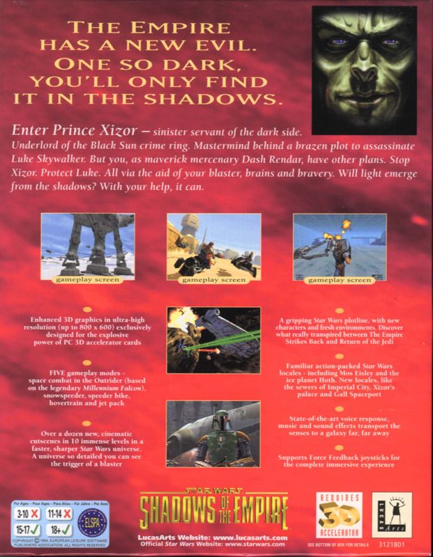 Back Cover for Star Wars: Shadows of the Empire (Windows)