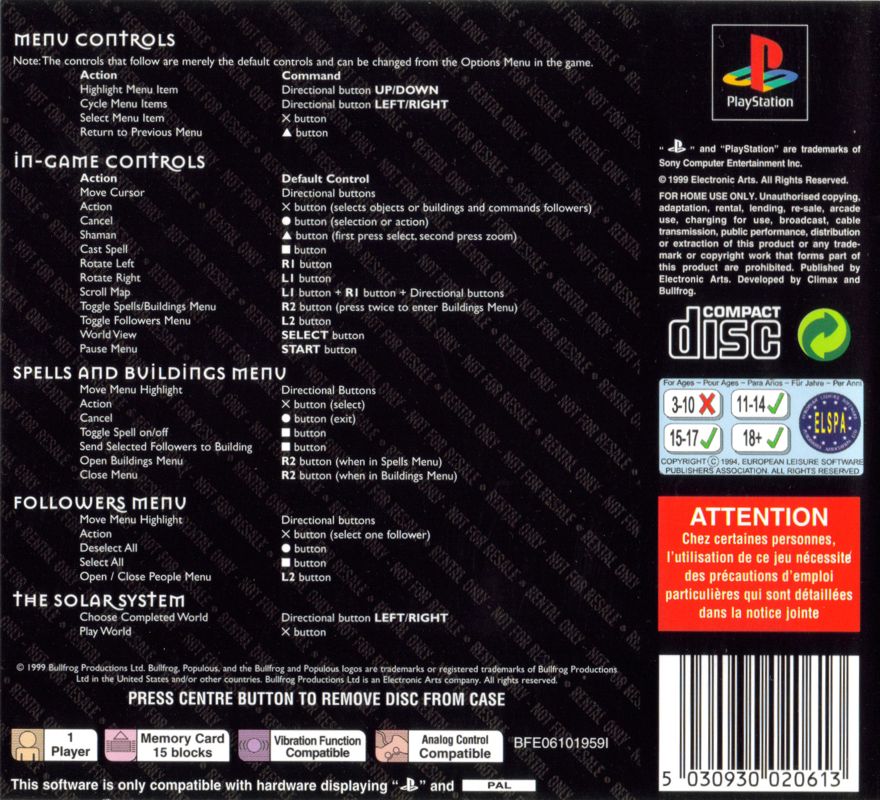 Back Cover for Populous: The Beginning (PlayStation) (Rental version)